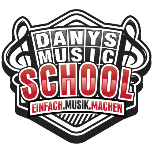 Danys Music School Logo mit Schriftzug "Einfach Musik Machen" in roter Farbe.